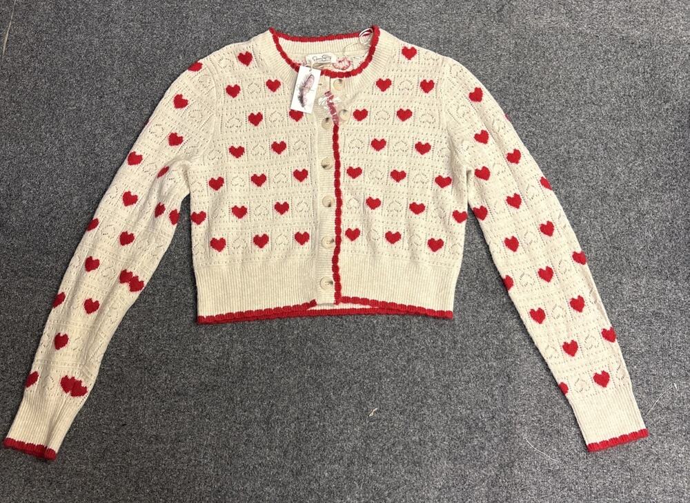 NWT Jessica Simpson Women’s XL Cream Red Hearts Trim Crop Knit Button Cardigan